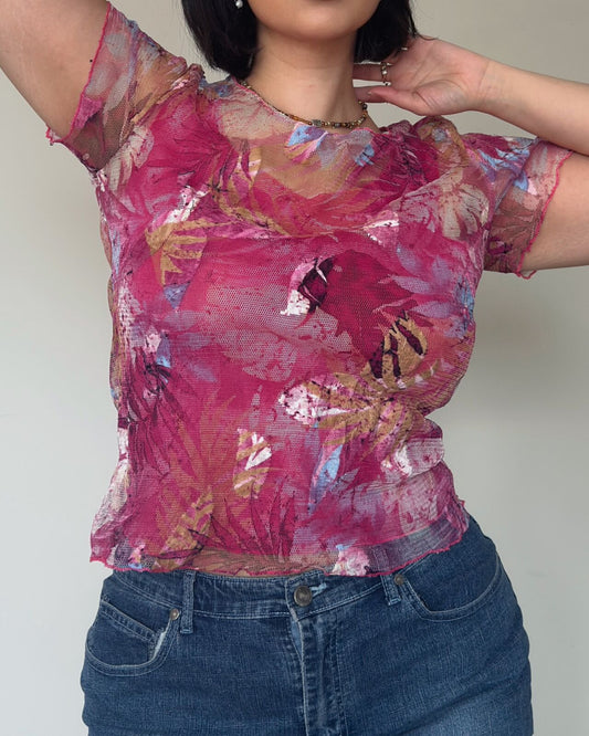 Pink Floral Mesh Top – size L-XL