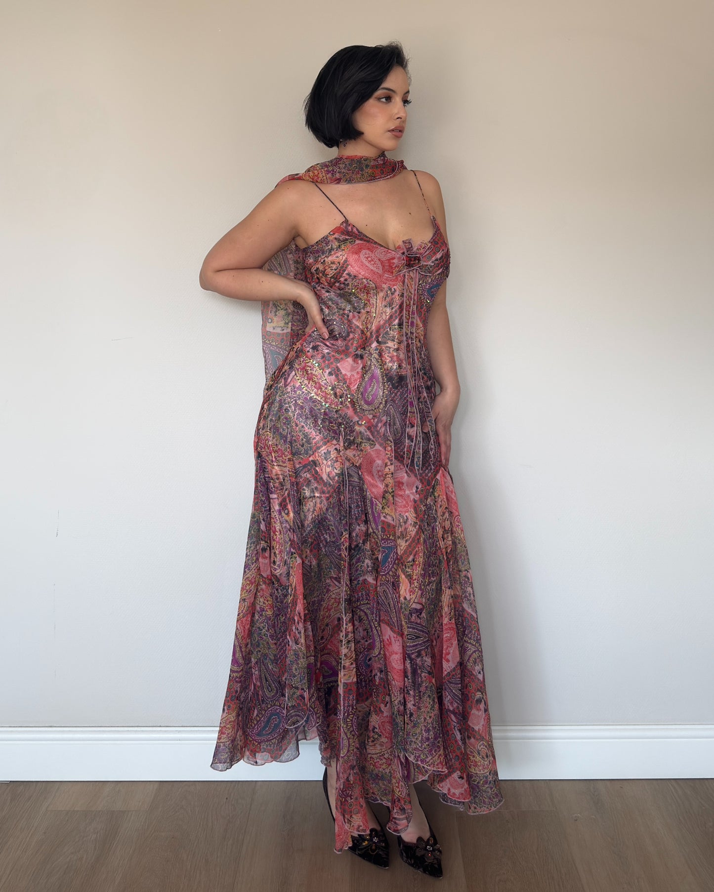 Patchwork Beaded Dress with Matching Scarf - size M/L