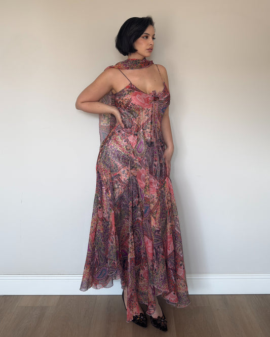 Patchwork Beaded Dress with Matching Scarf - size M/L