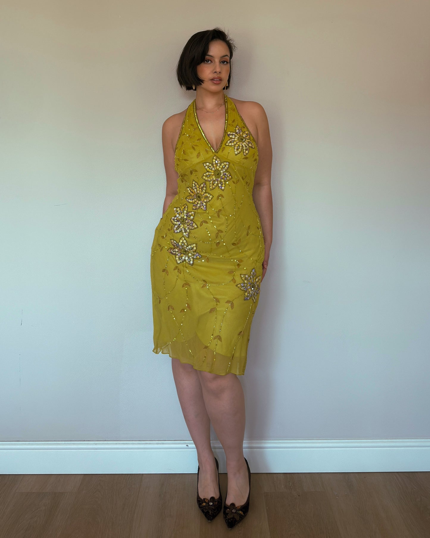 Golden Bloom Silk Beaded Halter Dress - size M/L