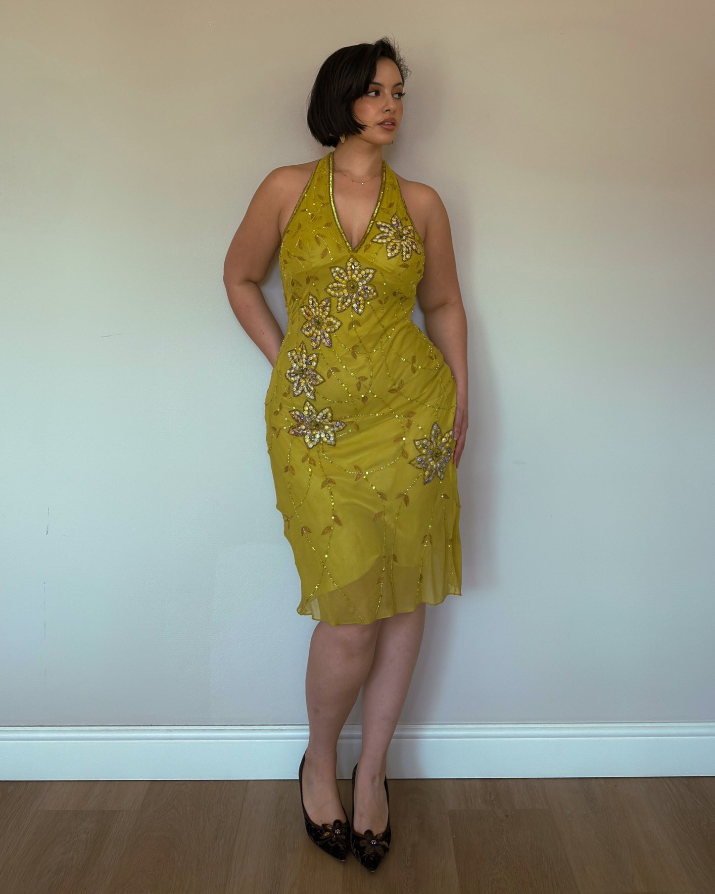 Golden Bloom Silk Beaded Halter Dress - size M/L