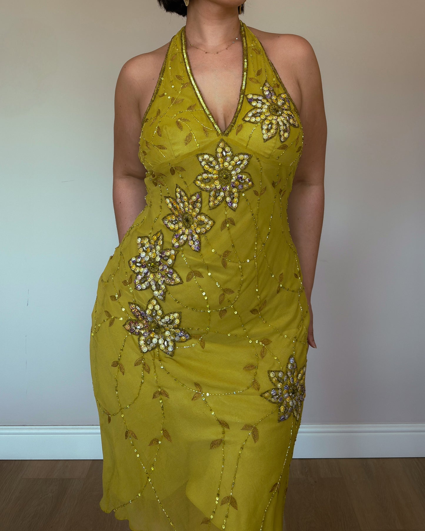 Golden Bloom Silk Beaded Halter Dress - size M/L