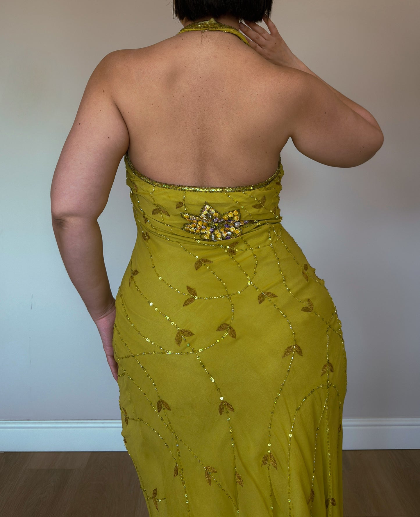 Golden Bloom Silk Beaded Halter Dress - size M/L