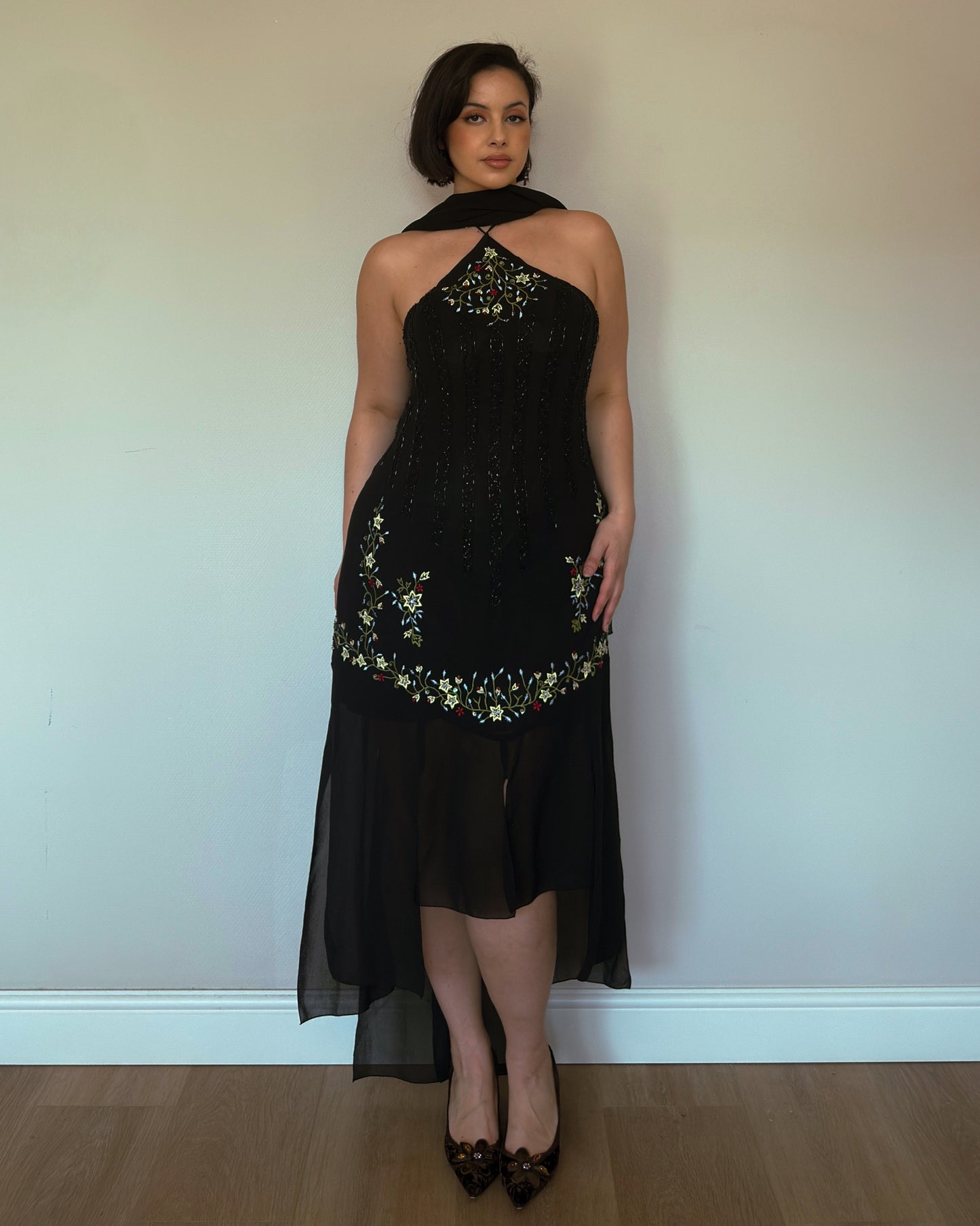 Midnight Garden Embroidered Gown with Matching Scarf - size XL/XXL
