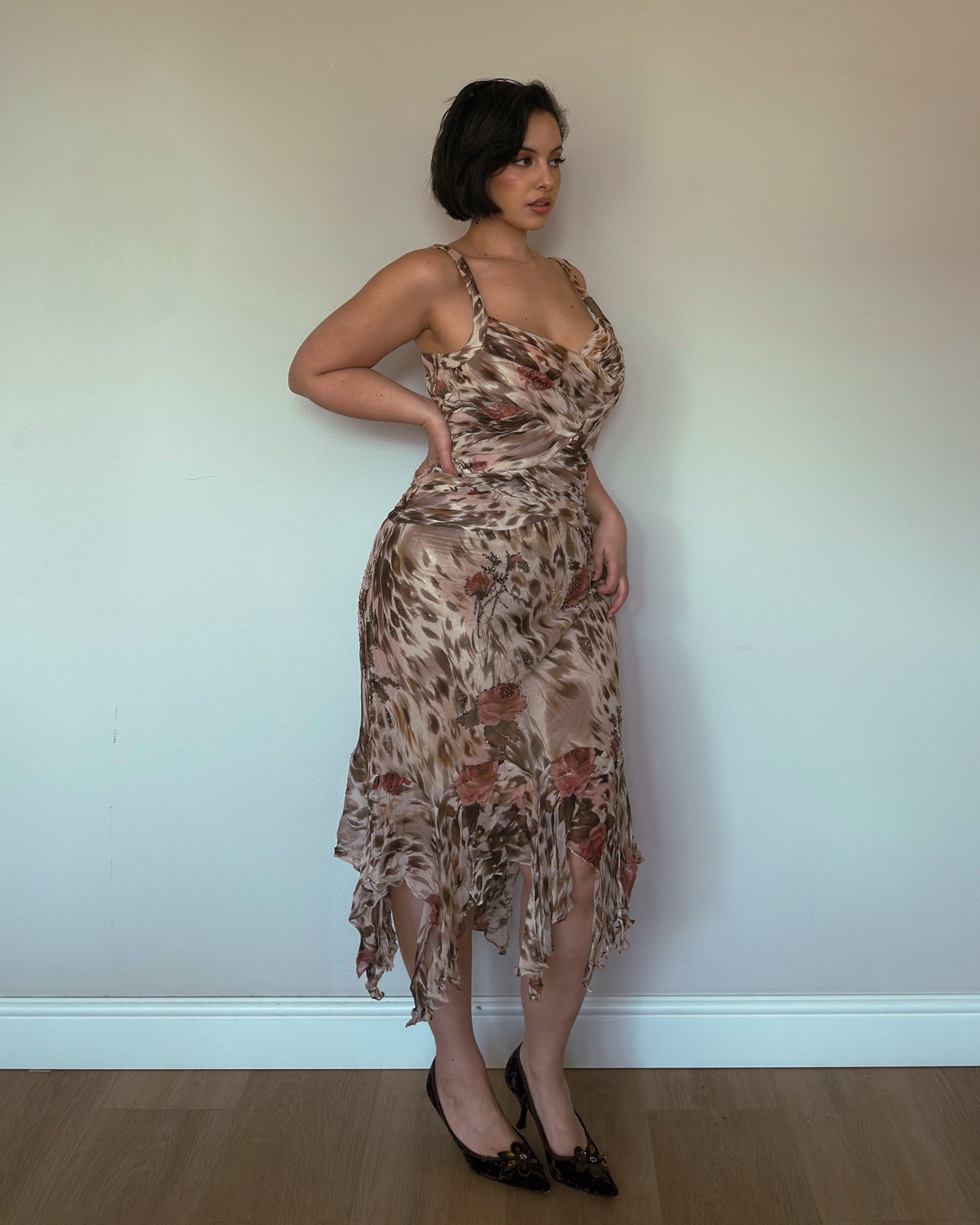 Leopard Bloom Silk Beaded Dress - size M/L