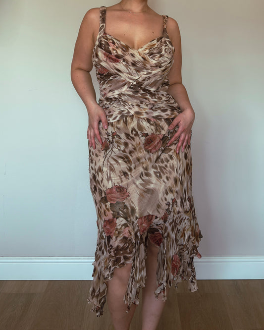 Leopard Bloom Silk Beaded Dress - size M/L