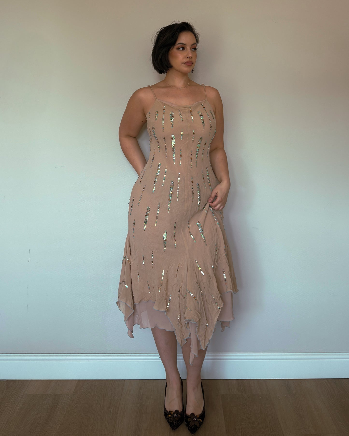 Champagne Cascade Silk Dress - size M-XL