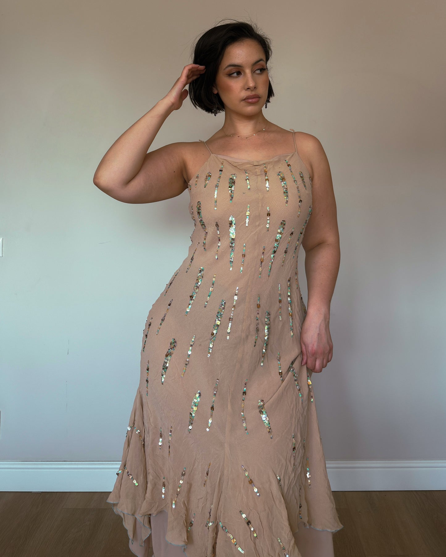 Champagne Cascade Silk Dress - size M-XL