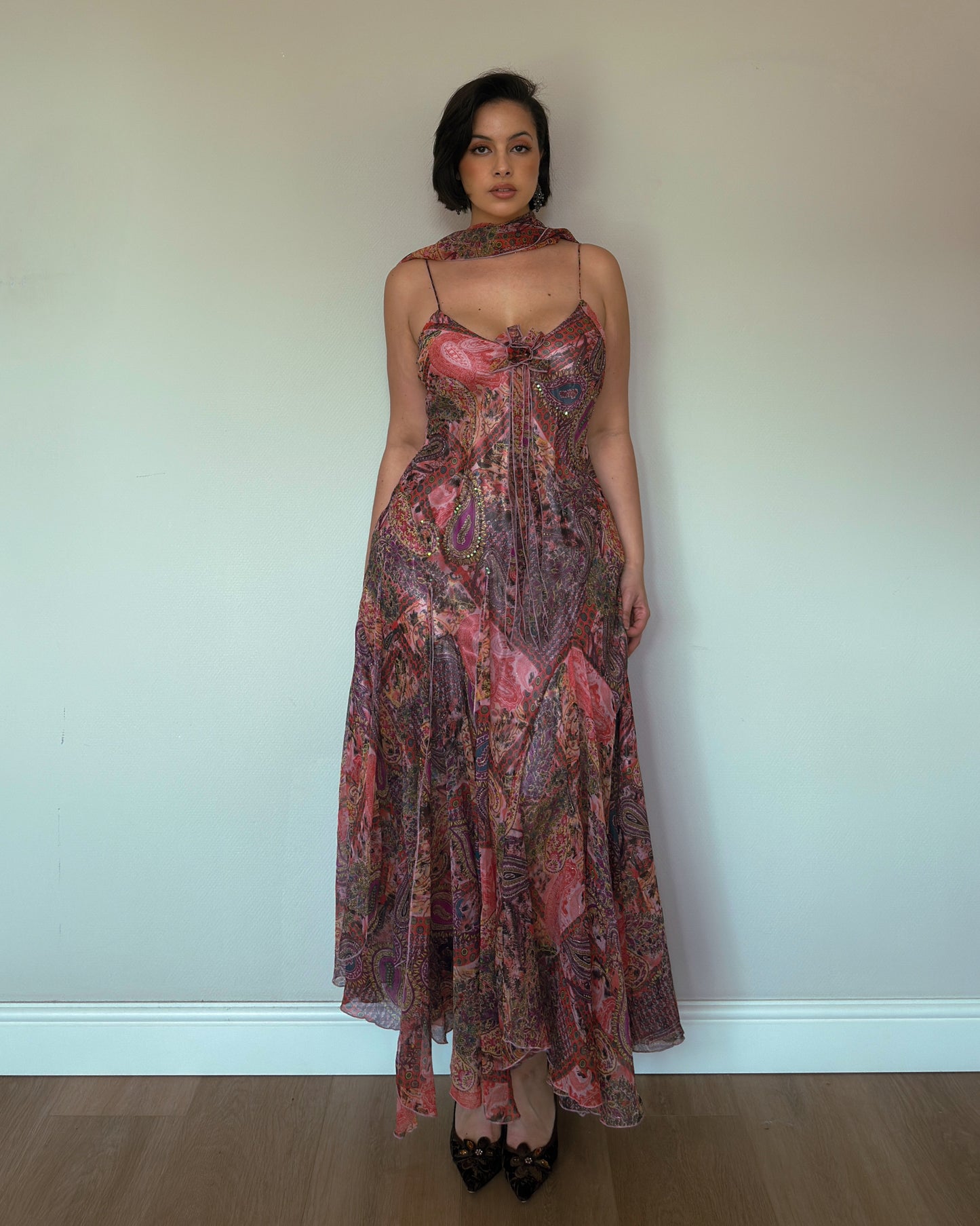 Patchwork Beaded Dress with Matching Scarf - size M/L