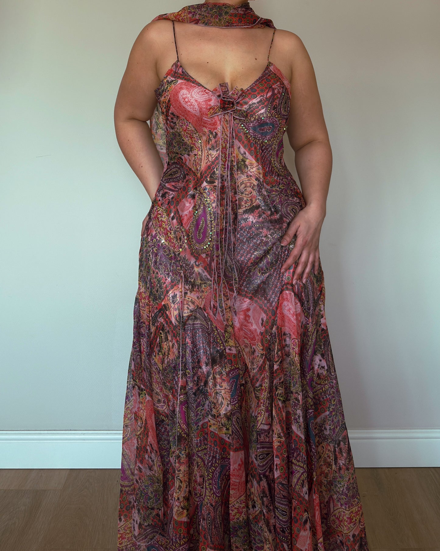 Patchwork Beaded Dress with Matching Scarf - size M/L