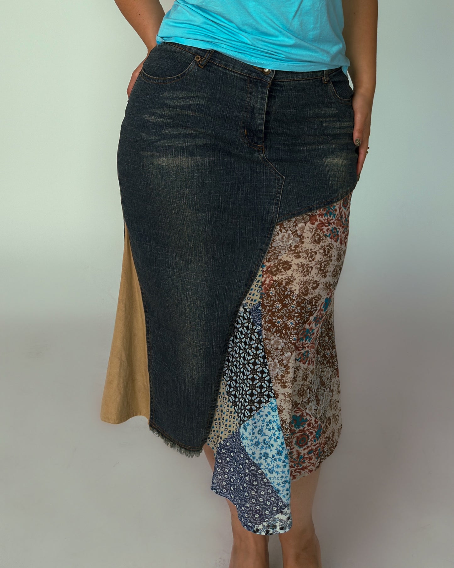 Vintage Denim Patchwork Skirt - size L/XL