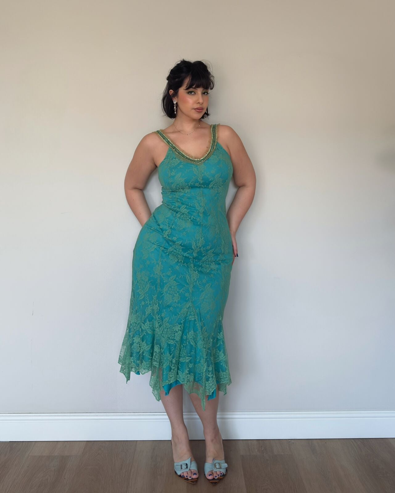 Vintage Teal Lace Midi Dress – M/L