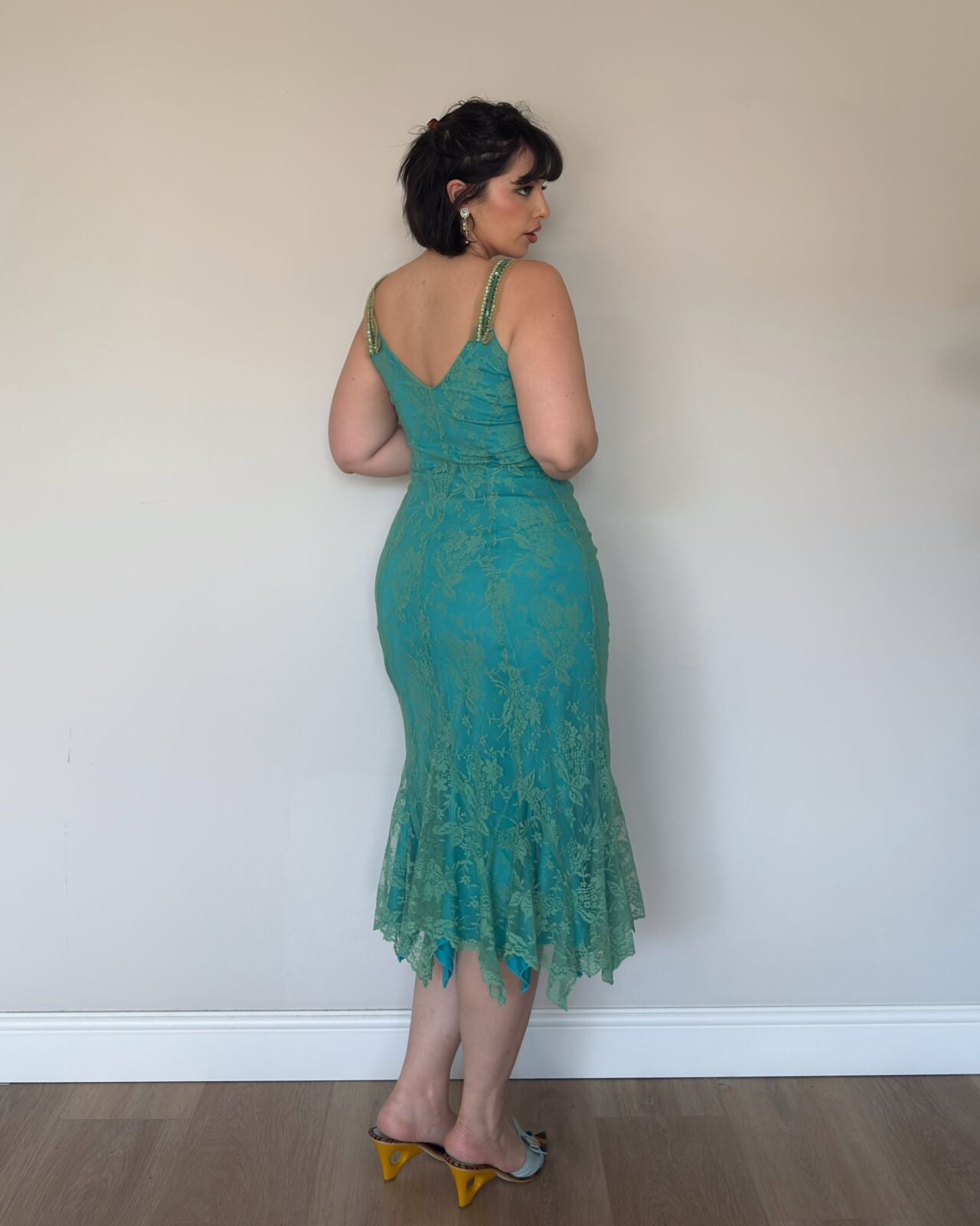 Vintage Teal Lace Midi Dress – M/L