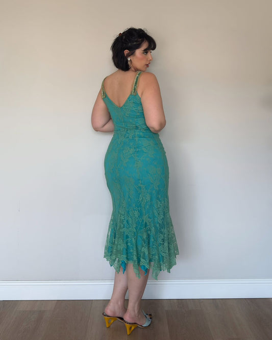 Vintage Teal Lace Midi Dress – M/L