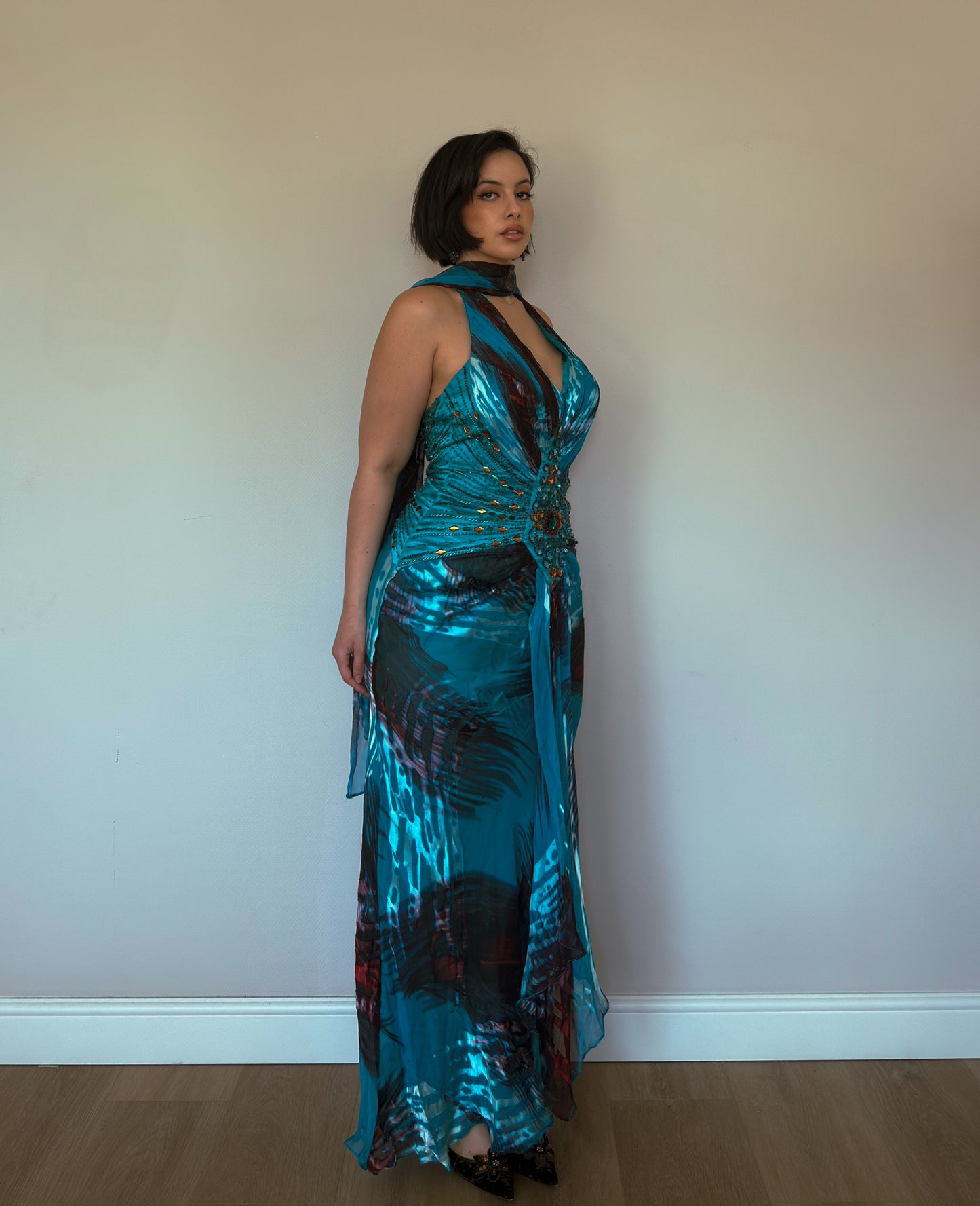 Ocean Muse Silk Beaded Gown with Matching Scarf - size M/L