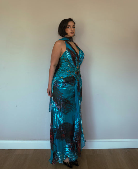 Ocean Muse Silk Beaded Gown with Matching Scarf - size M/L