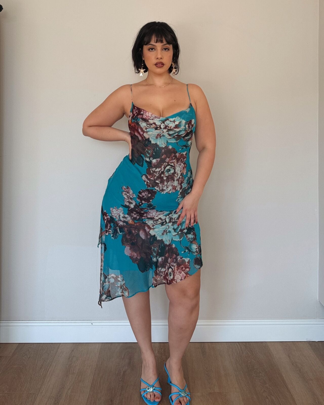 Teal Floral Asymmetrical Midi Dress