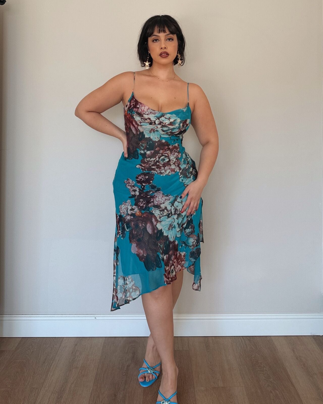 Teal Floral Asymmetrical Midi Dress