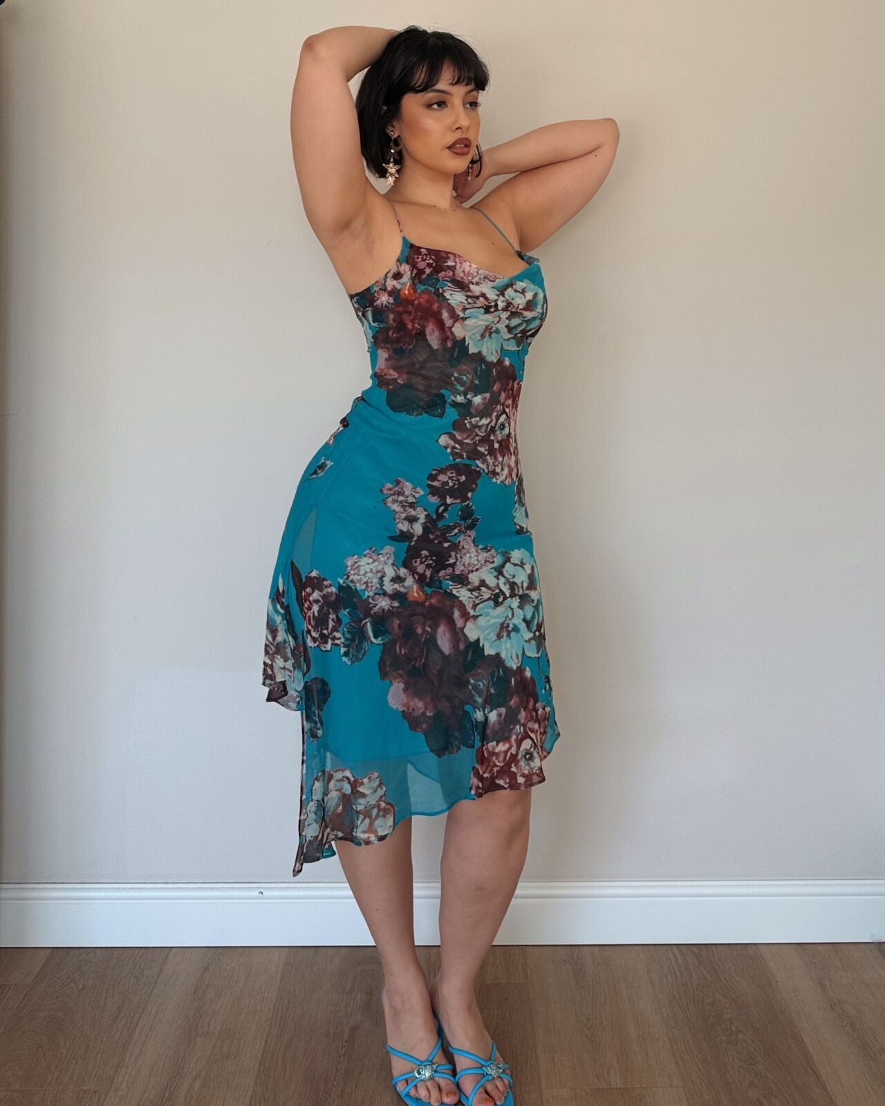 Teal Floral Asymmetrical Midi Dress