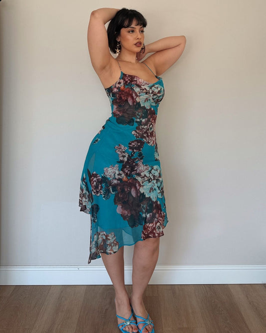 Teal Floral Asymmetrical Midi Dress