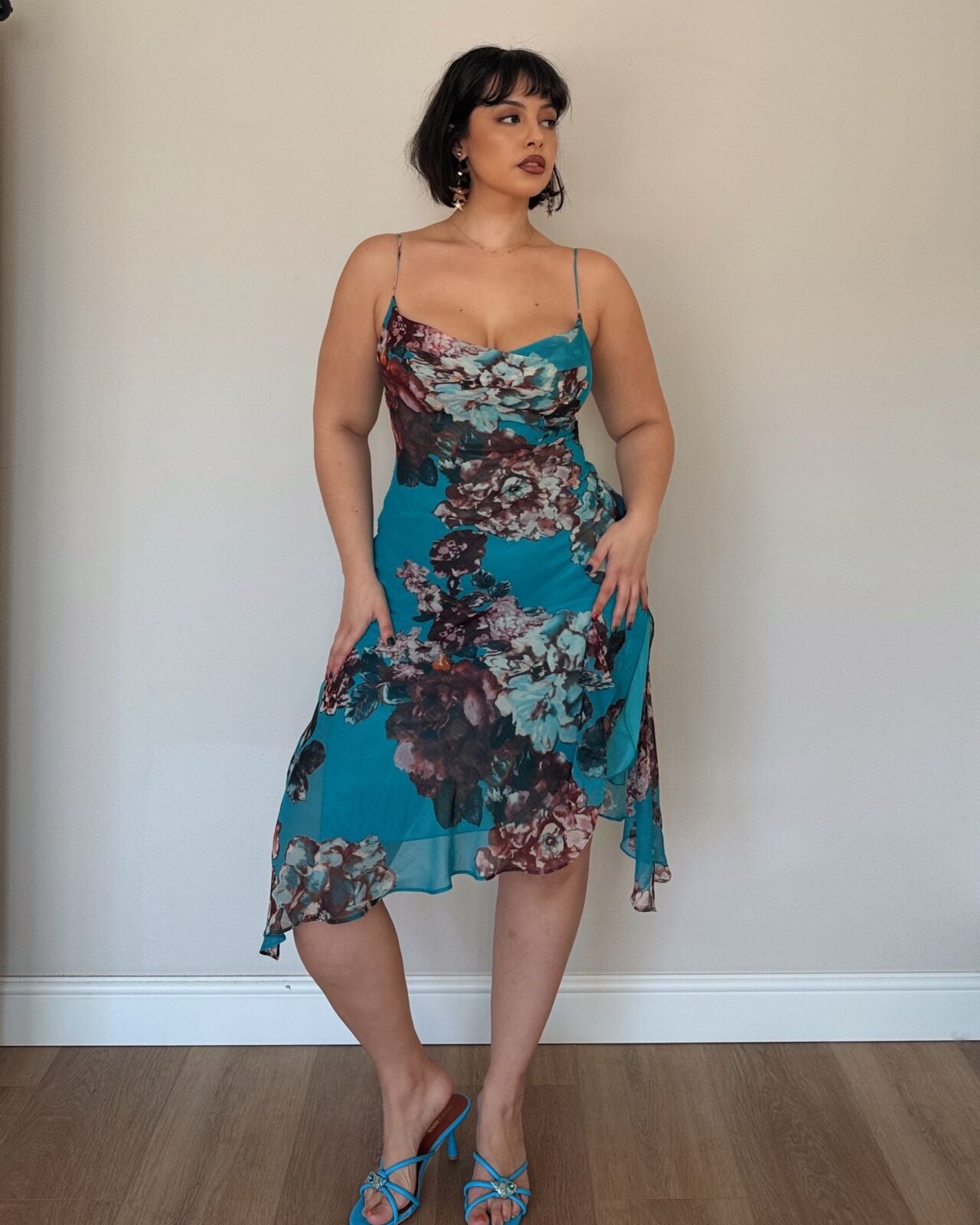 Teal Floral Asymmetrical Midi Dress
