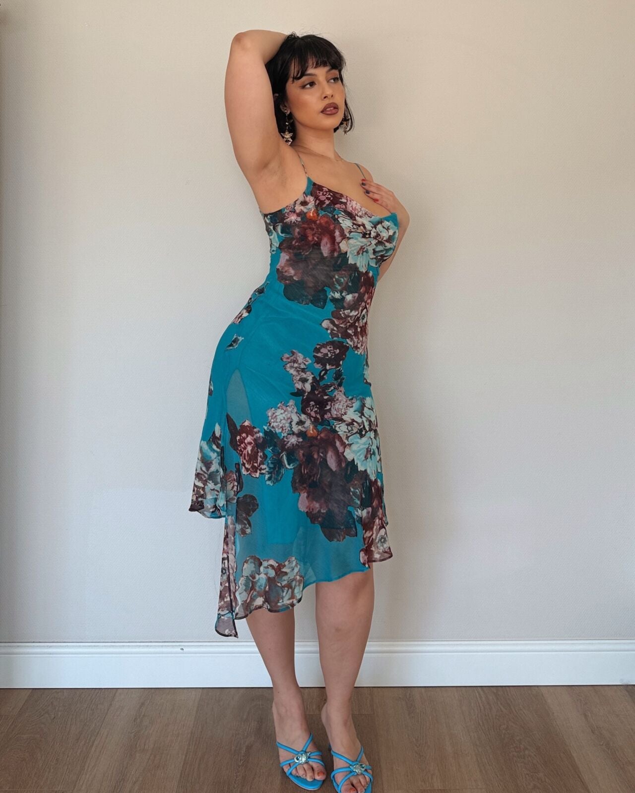 Teal Floral Asymmetrical Midi Dress