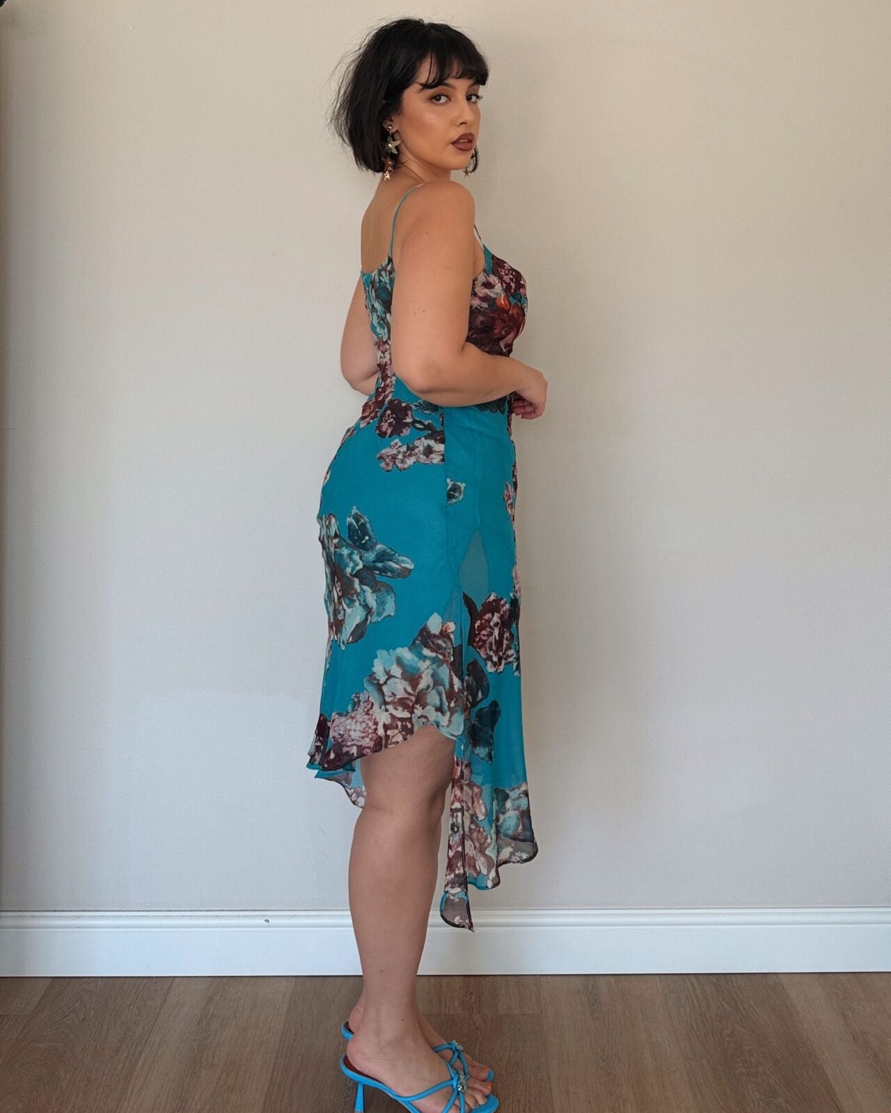 Teal Floral Asymmetrical Midi Dress