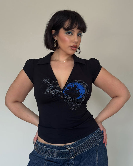 Black Graphic 2000s Collared Top
