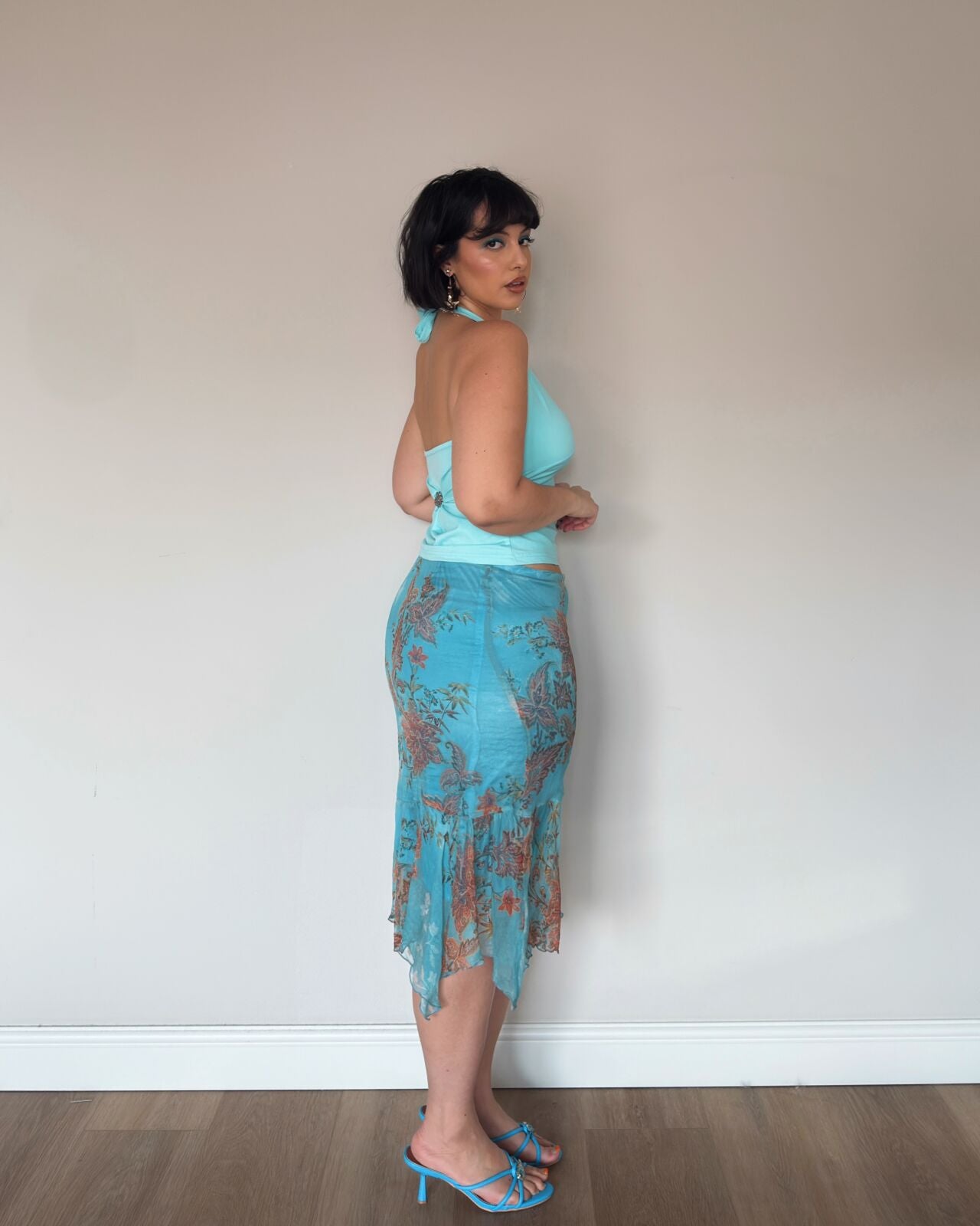 Blue Silk Floral Midi Skirt