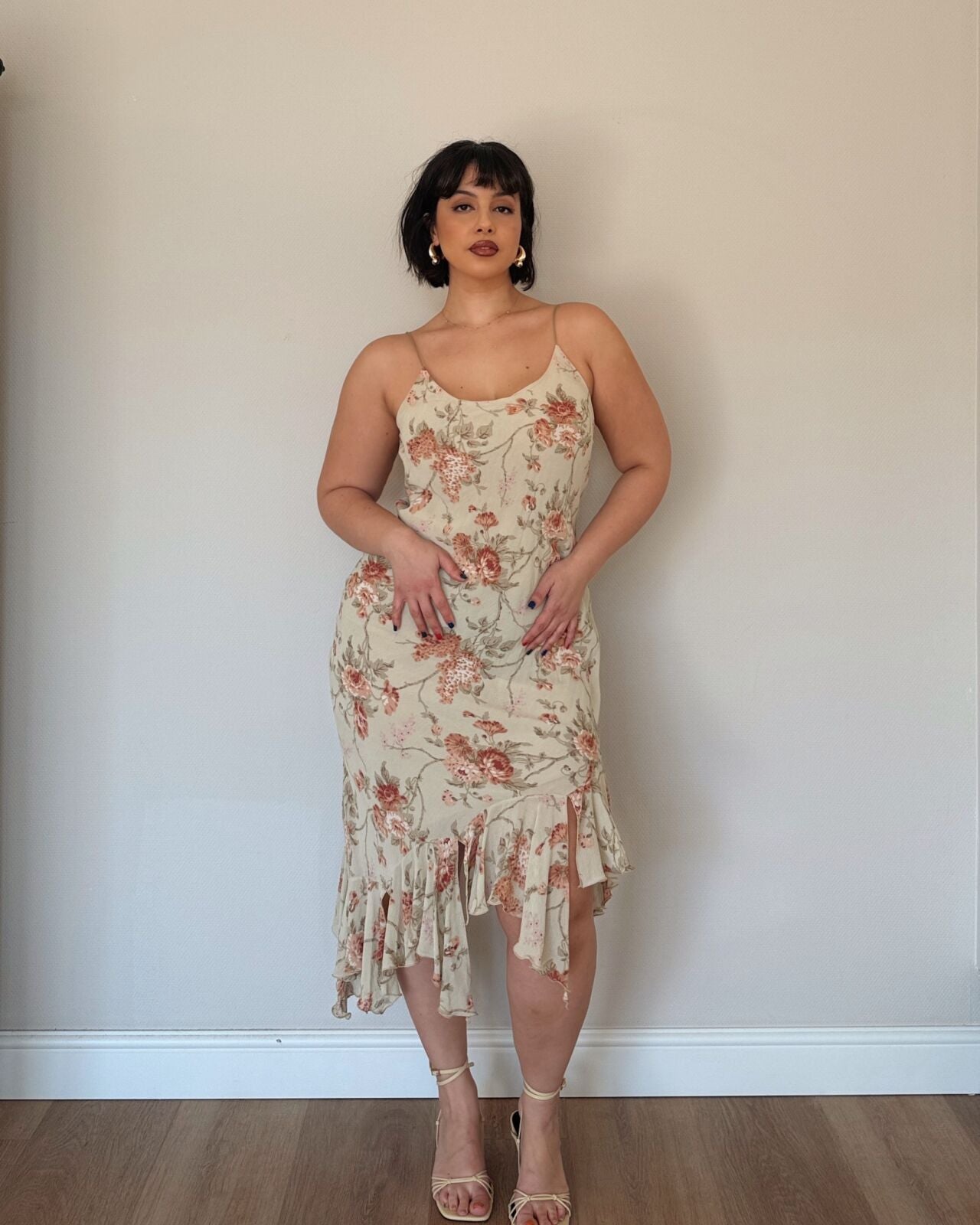 Vintage Cream Floral Asymmetrical Slip Dress