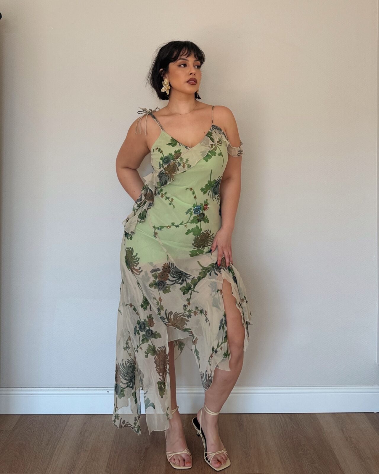 Sage Floral Asymmetrical Slip Dress