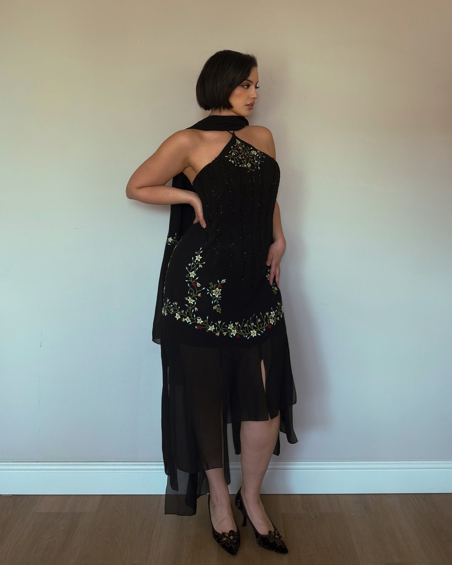 Midnight Garden Embroidered Gown with Matching Scarf - size XL/XXL