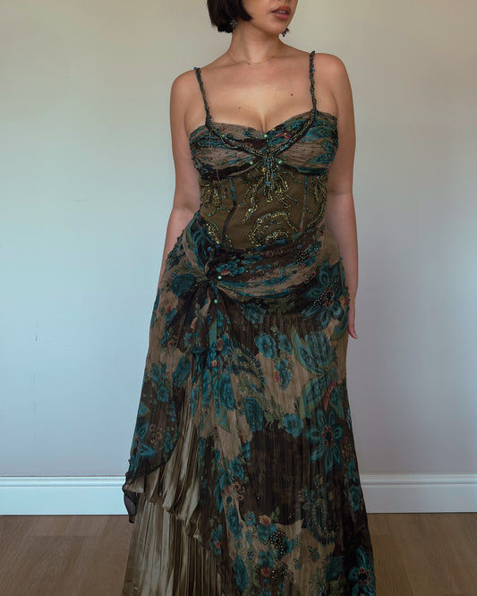 Emerald Garden Silk Beaded Gown - size M