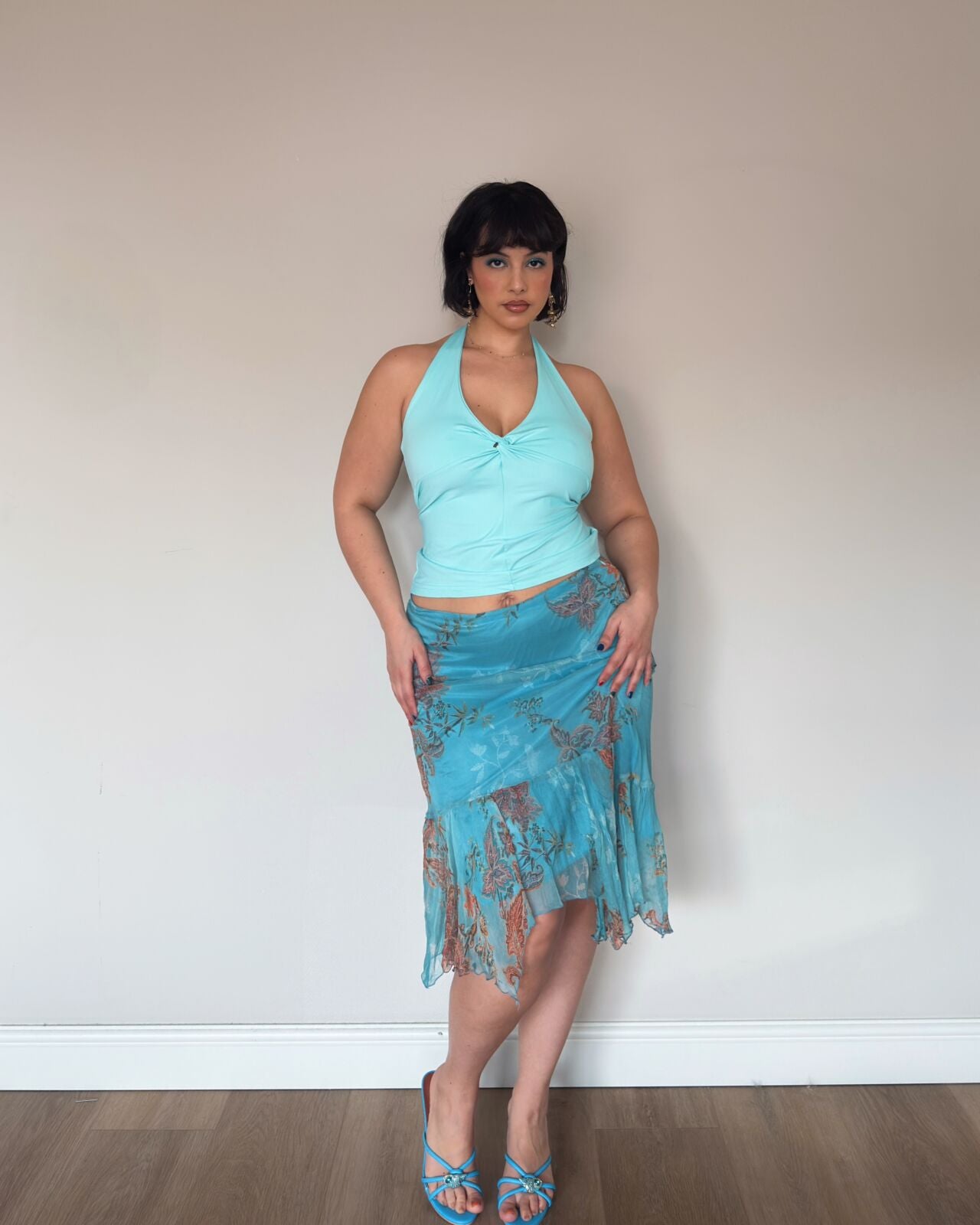 Blue Silk Floral Midi Skirt