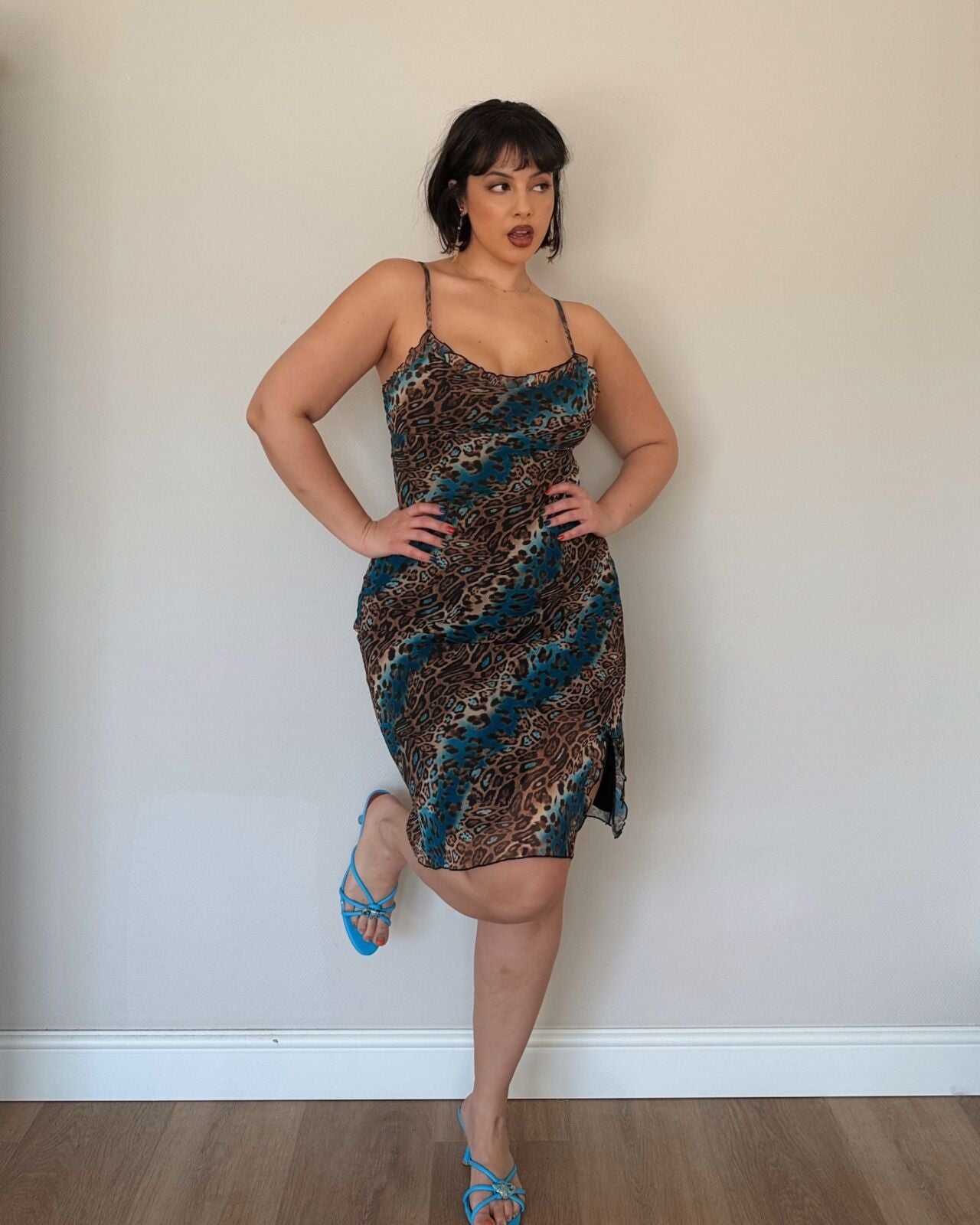 Teal Leopard Print Mesh Dress