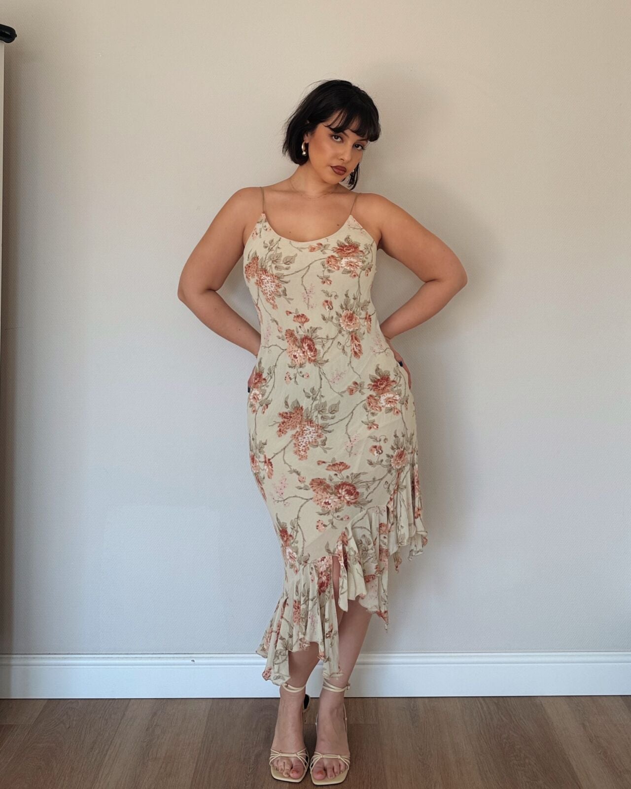 Vintage Cream Floral Asymmetrical Slip Dress