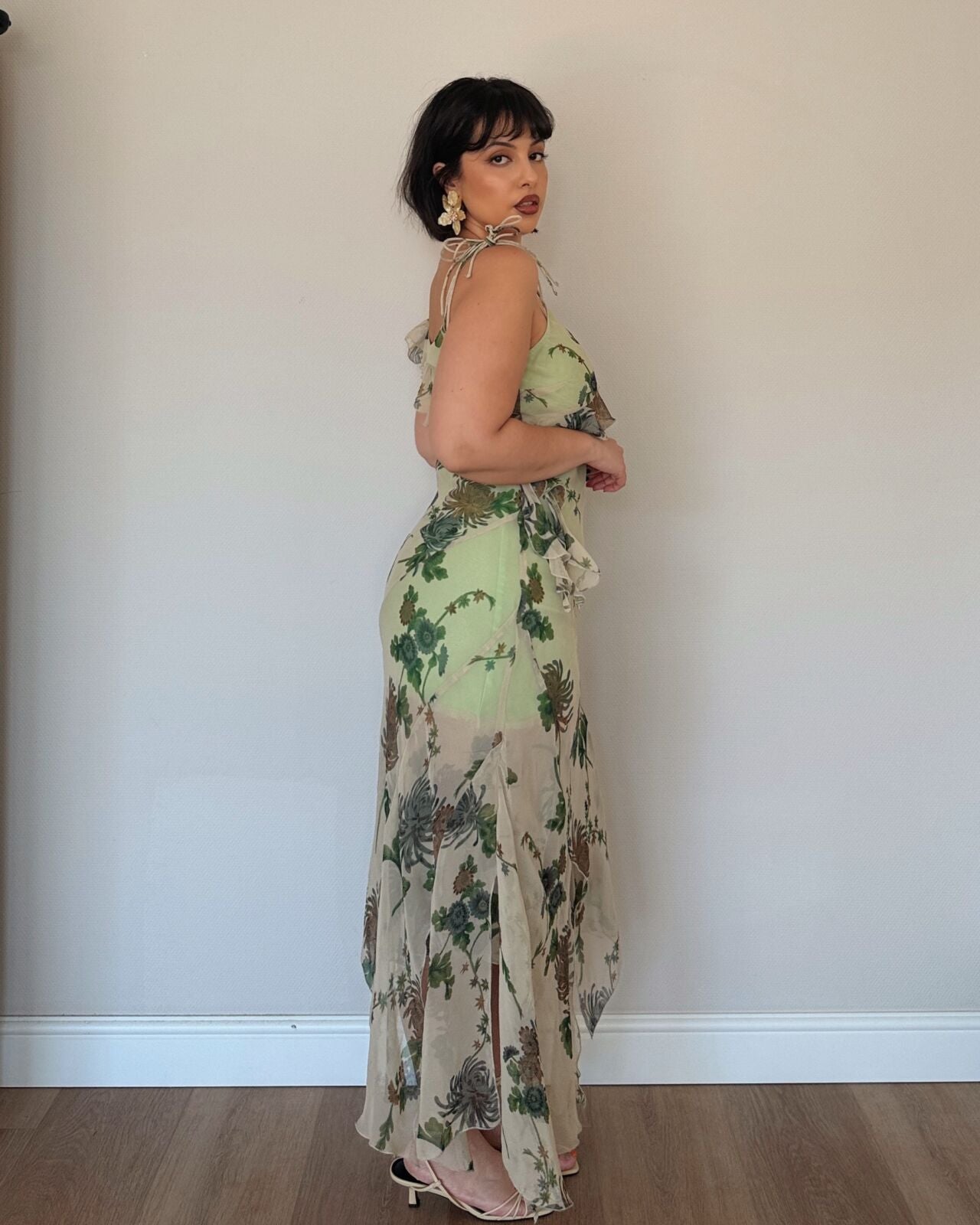 Sage Floral Asymmetrical Slip Dress