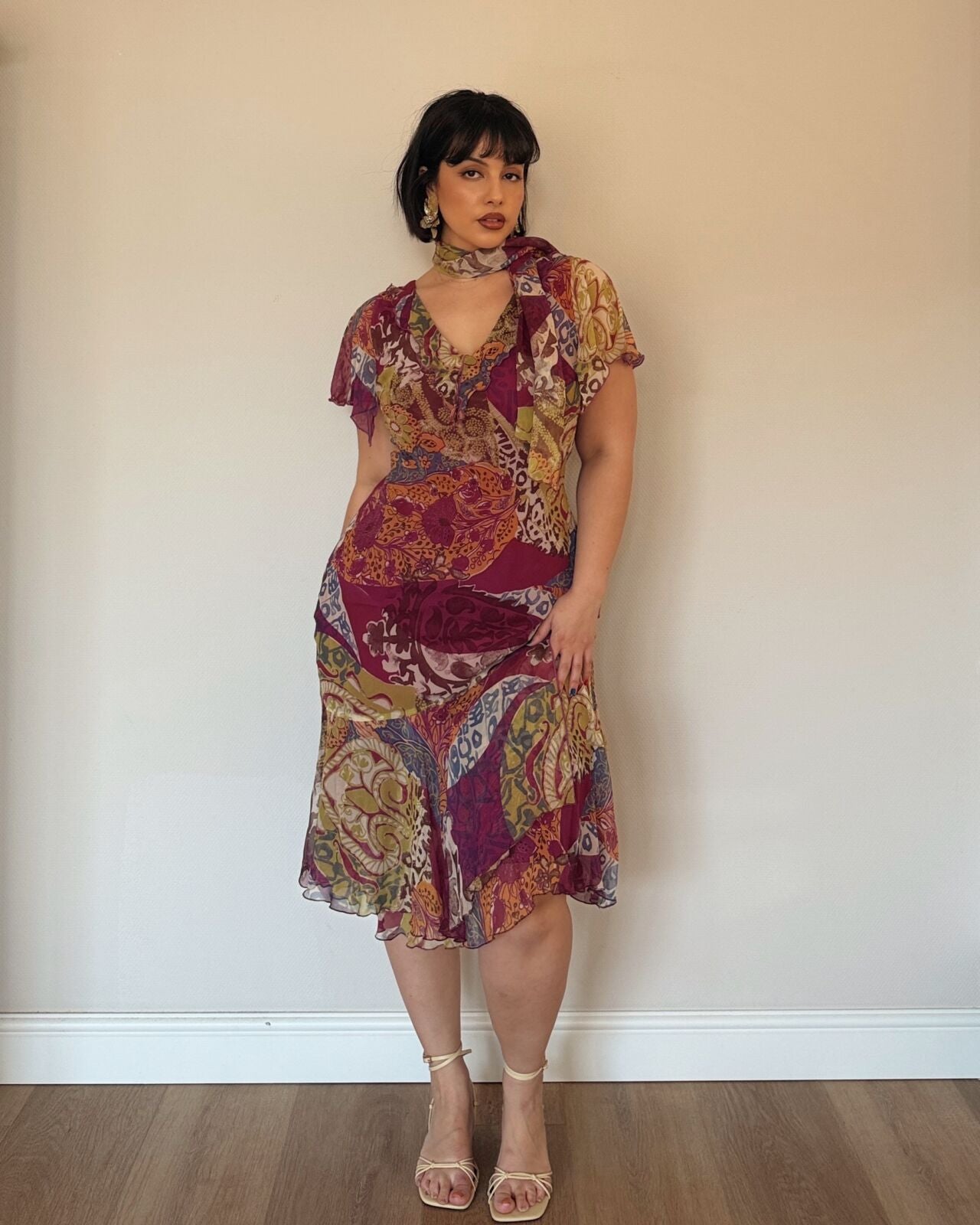 Burgundy Patchwork Midi Dress
