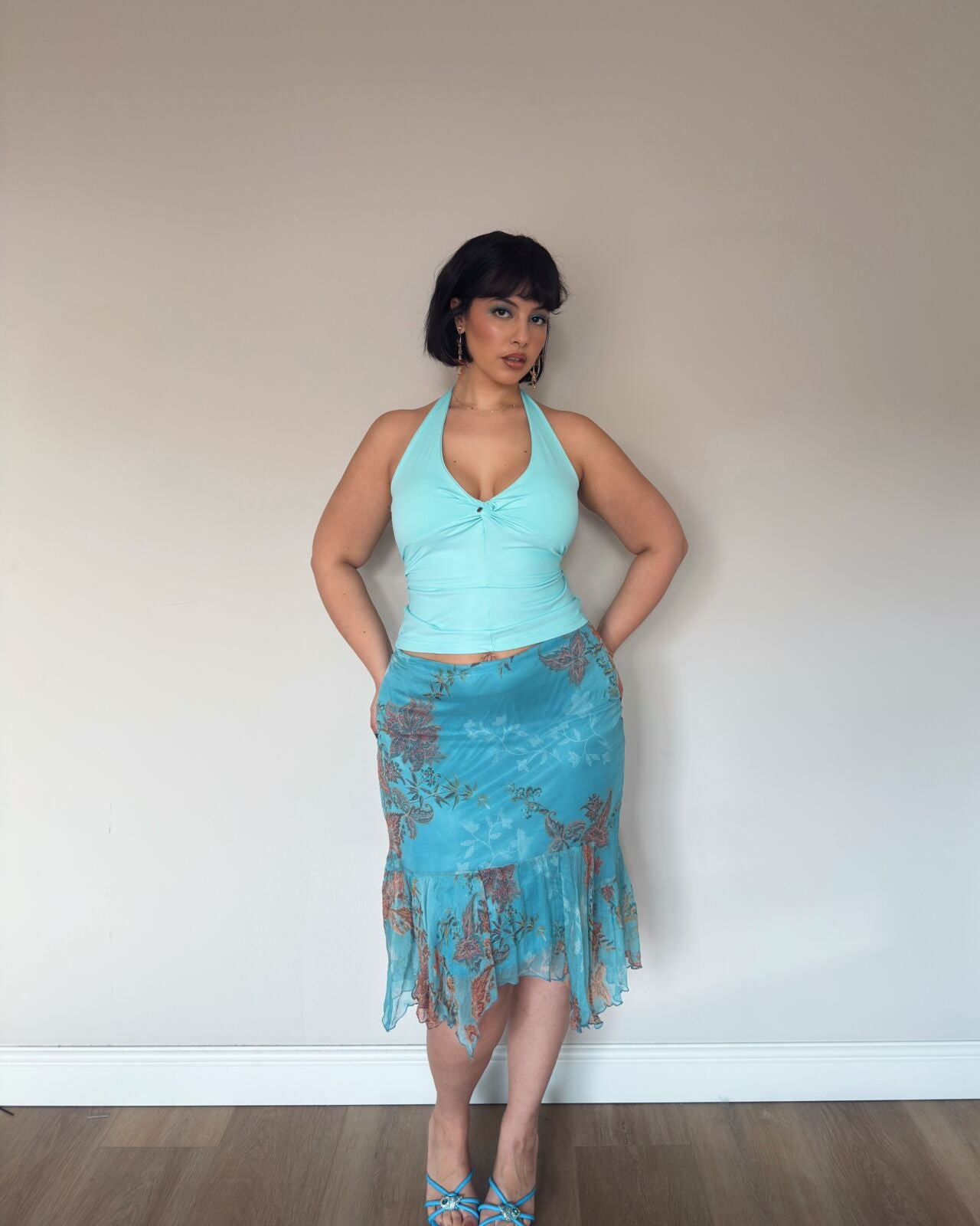 Blue Silk Floral Midi Skirt