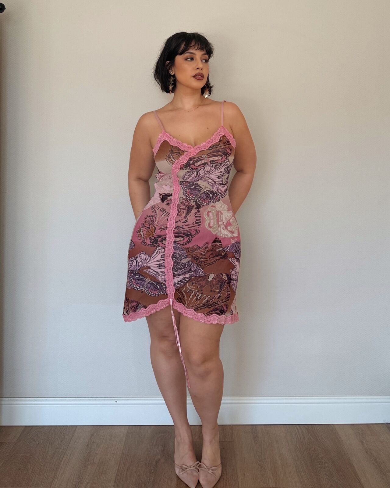 Pink Butterfly Lace Mini Dress