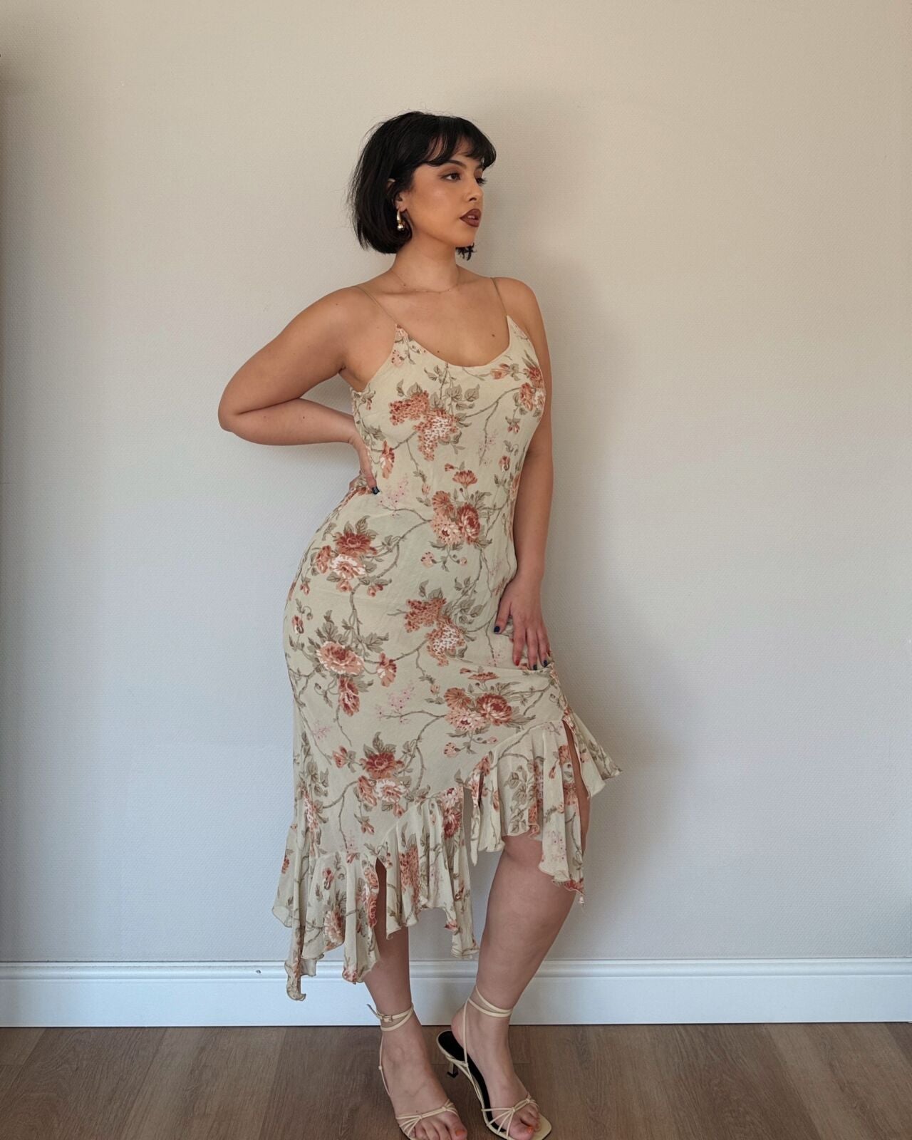 Vintage Cream Floral Asymmetrical Slip Dress