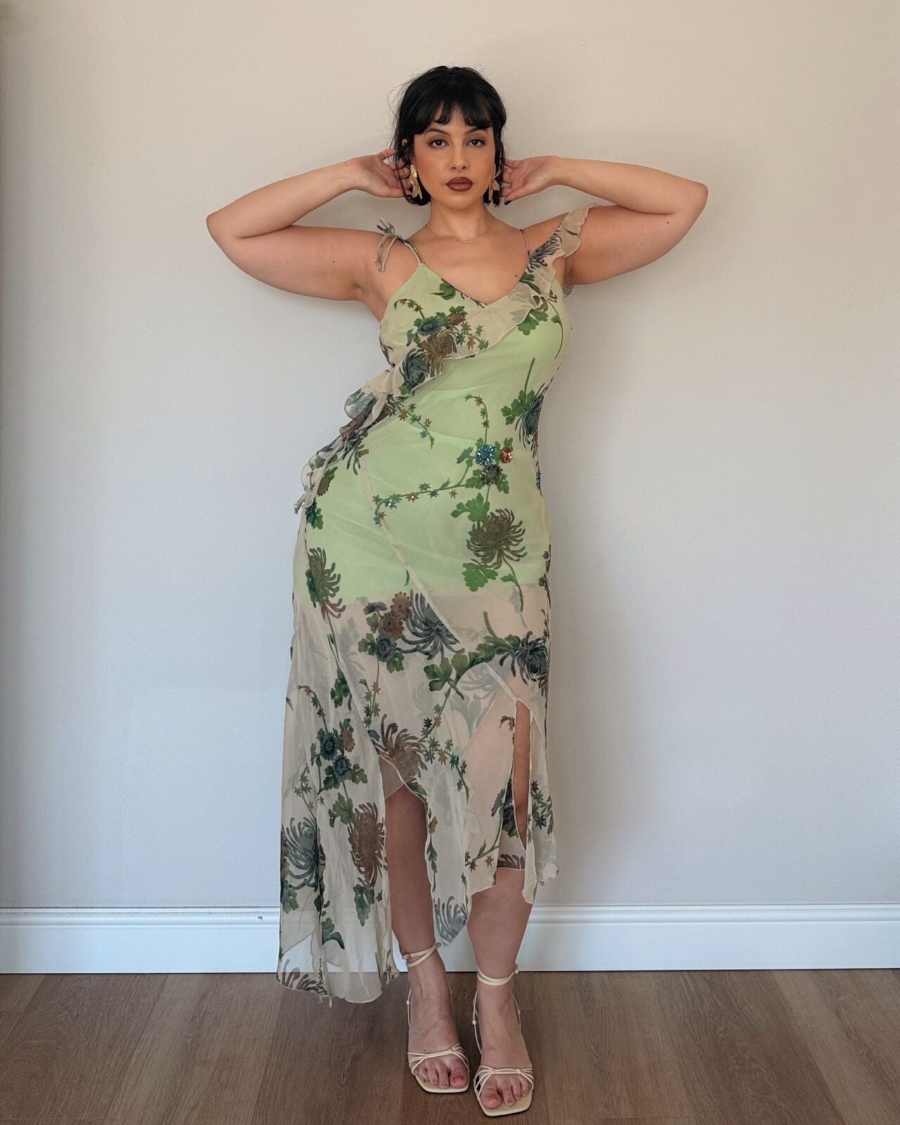 Sage Floral Asymmetrical Slip Dress