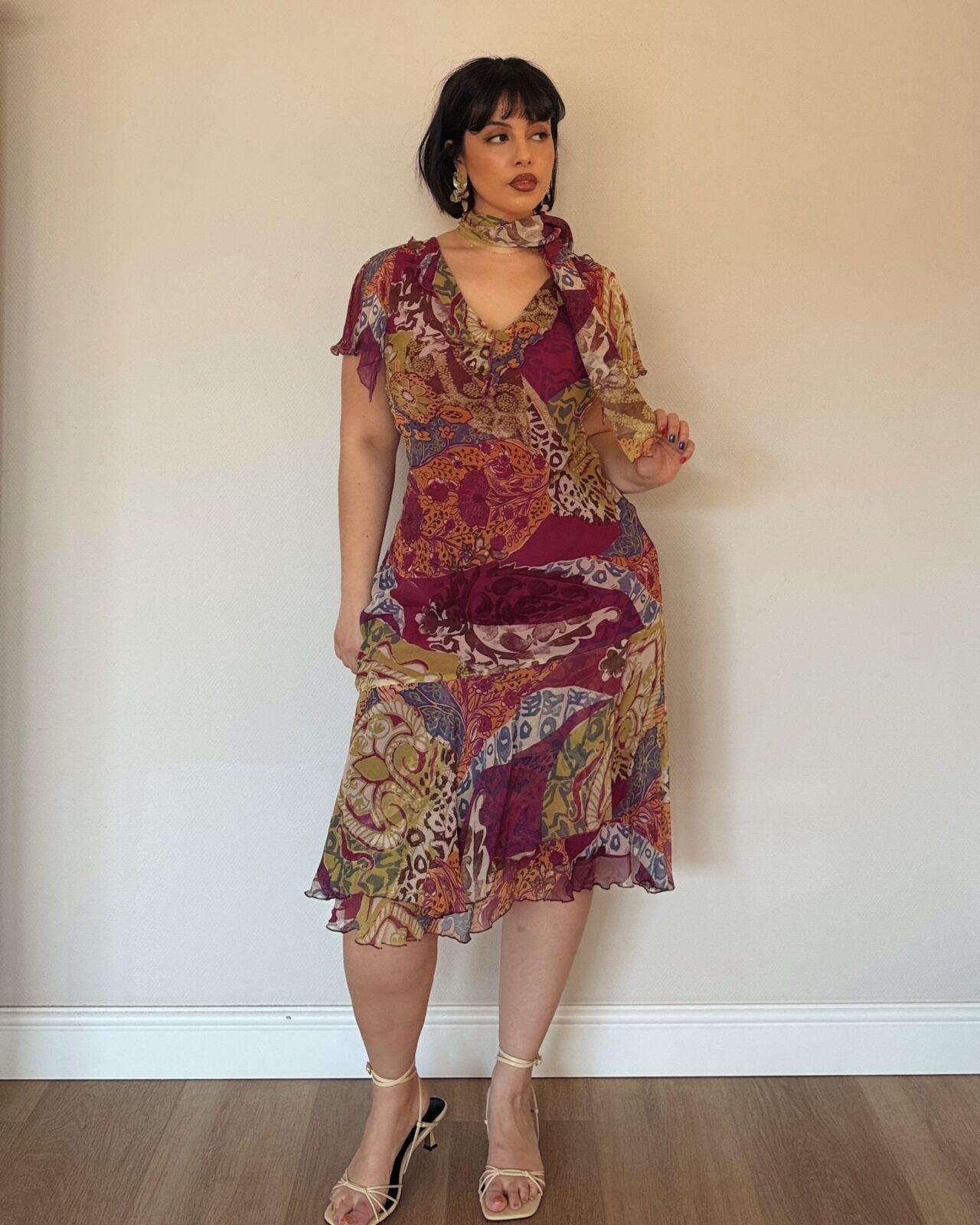 Burgundy Patchwork Midi Dress