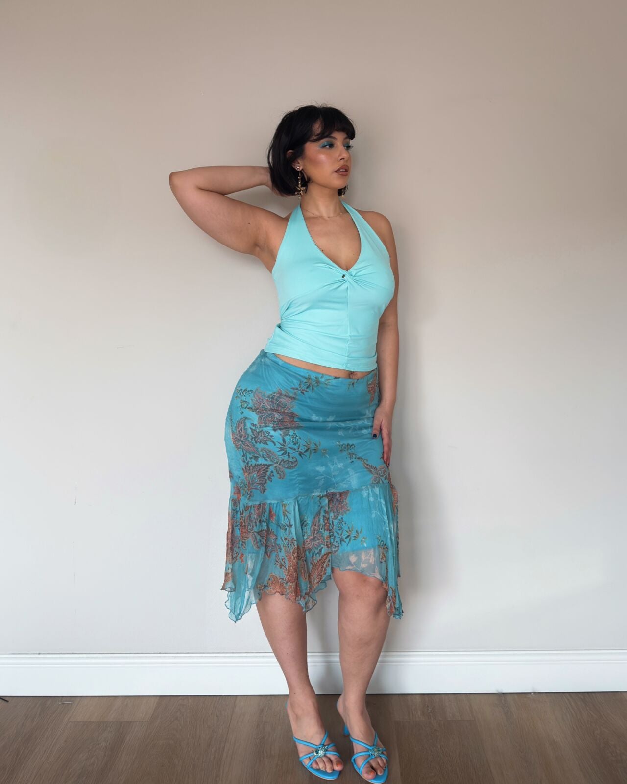 Blue Silk Floral Midi Skirt