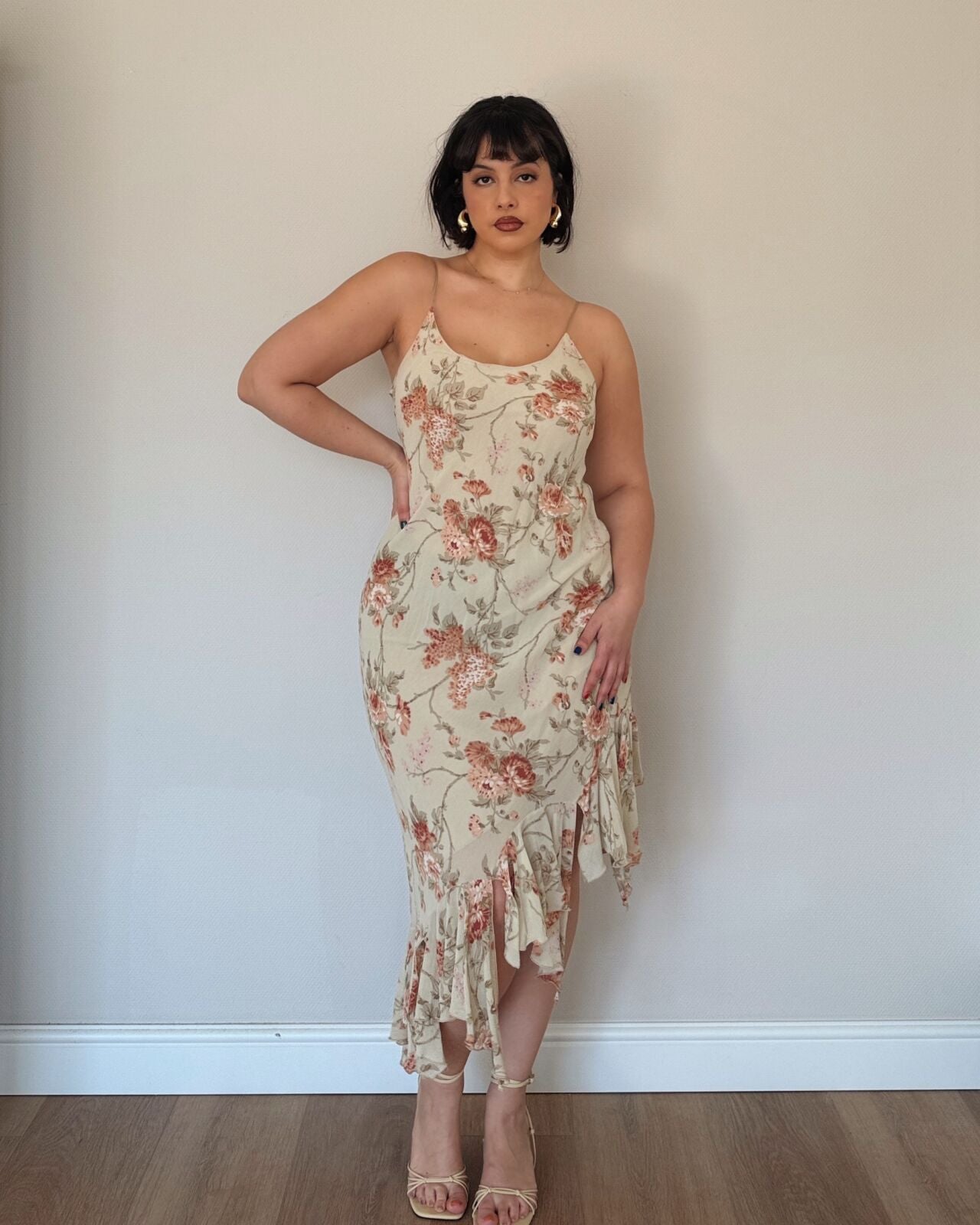 Vintage Cream Floral Asymmetrical Slip Dress