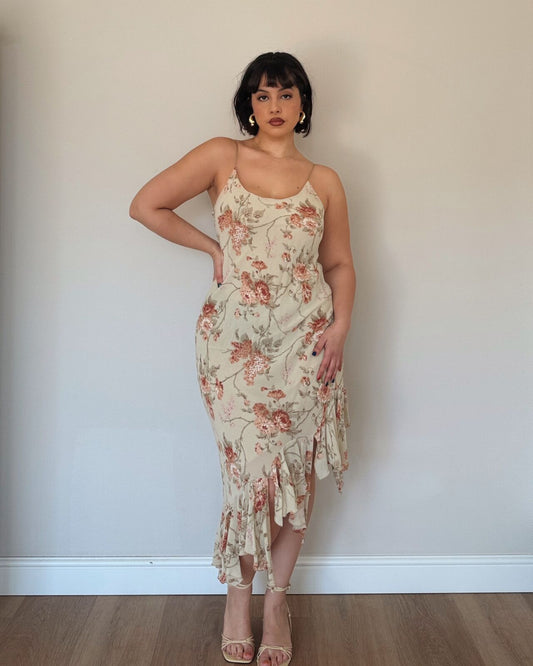Vintage Cream Floral Asymmetrical Slip Dress