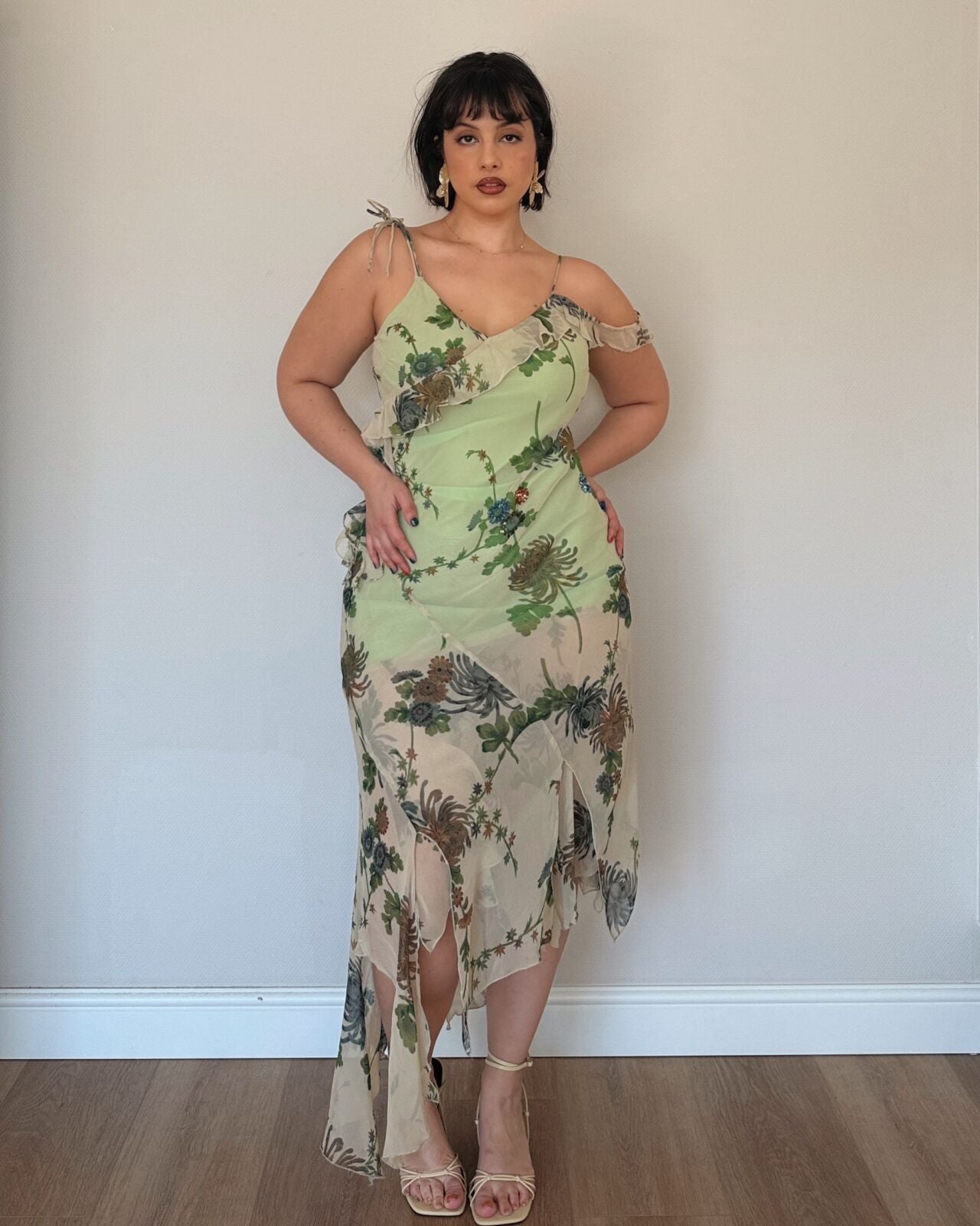 Sage Floral Asymmetrical Slip Dress