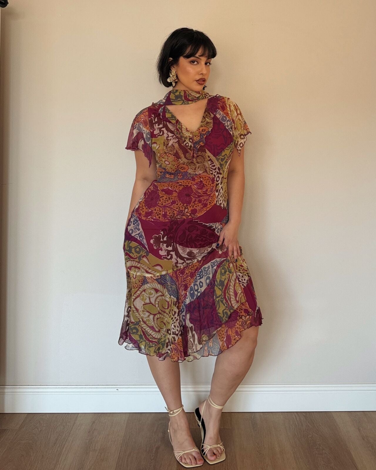 Burgundy Patchwork Midi Dress