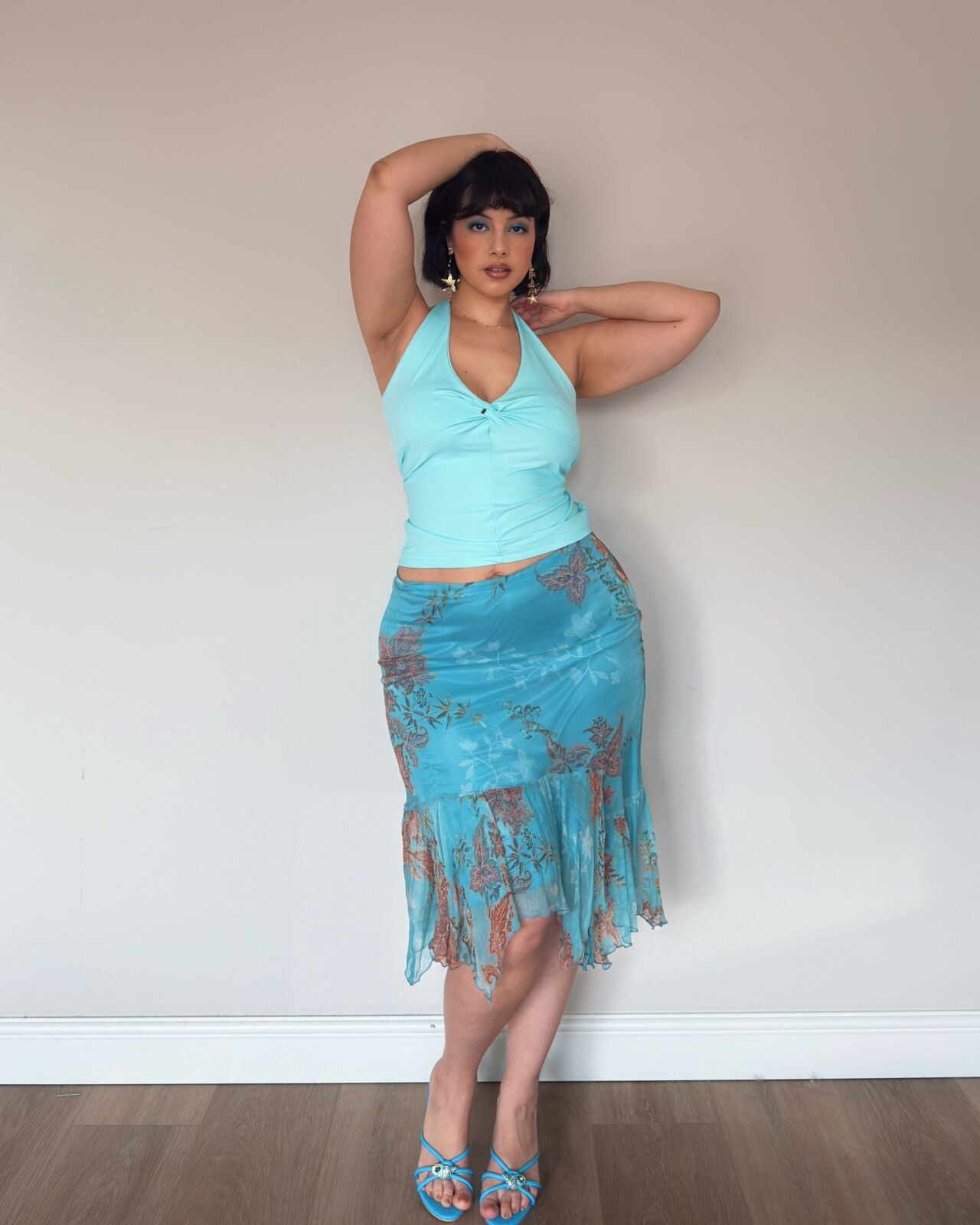 Blue Silk Floral Midi Skirt
