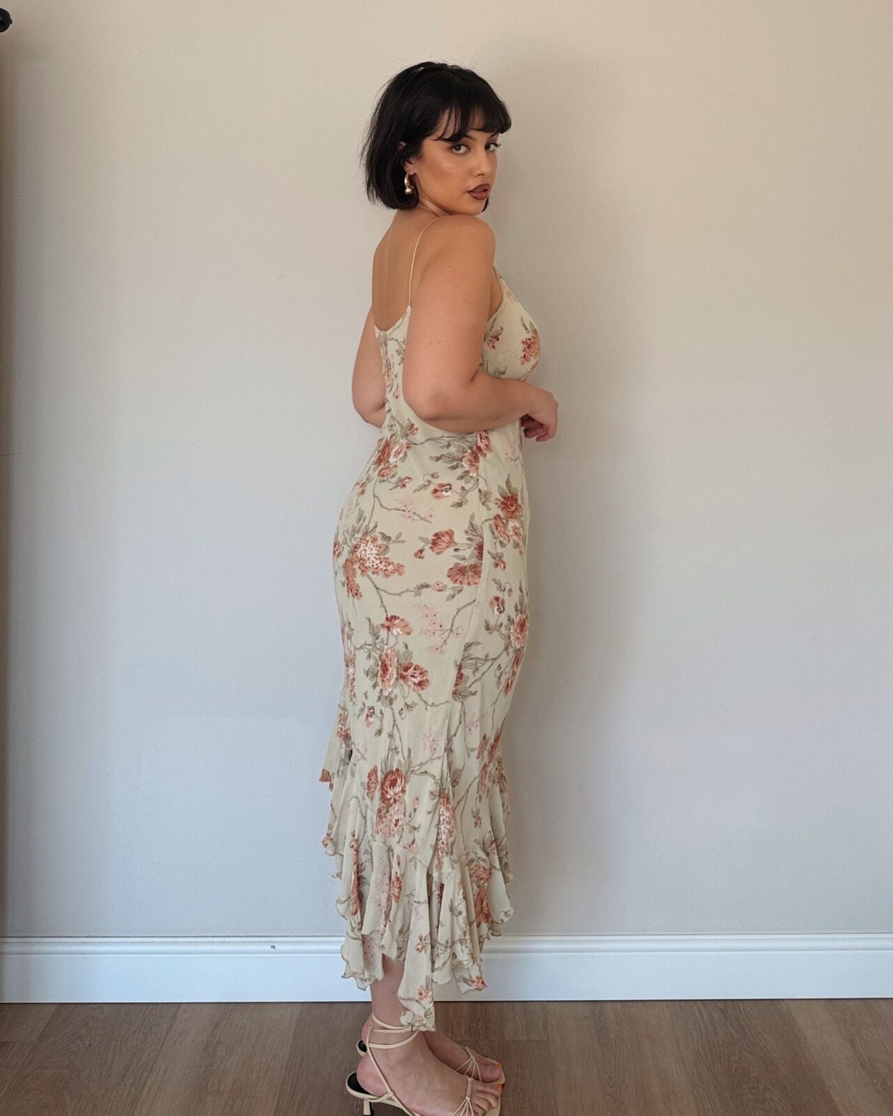 Vintage Cream Floral Asymmetrical Slip Dress